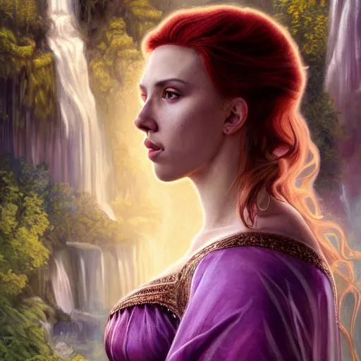 Image similar to a highly detailed byzantine painting of scarlett johansson as a red haired vampire sorceress, walking through a waterfall in a gossamer purple dress, epic fantasy, viewed in profile from far away, ultrawide lens, art by artgerm and greg rutkowski and alphonse mucha, volumetric lighting, 4 k resolution, trending on artstation, masterpiece