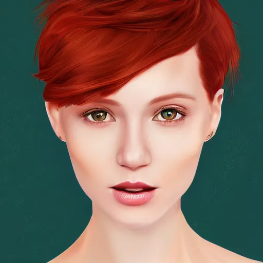 Prompt: portrait of a beautiful woman, redhead, short hair, digital art, extremely detailed