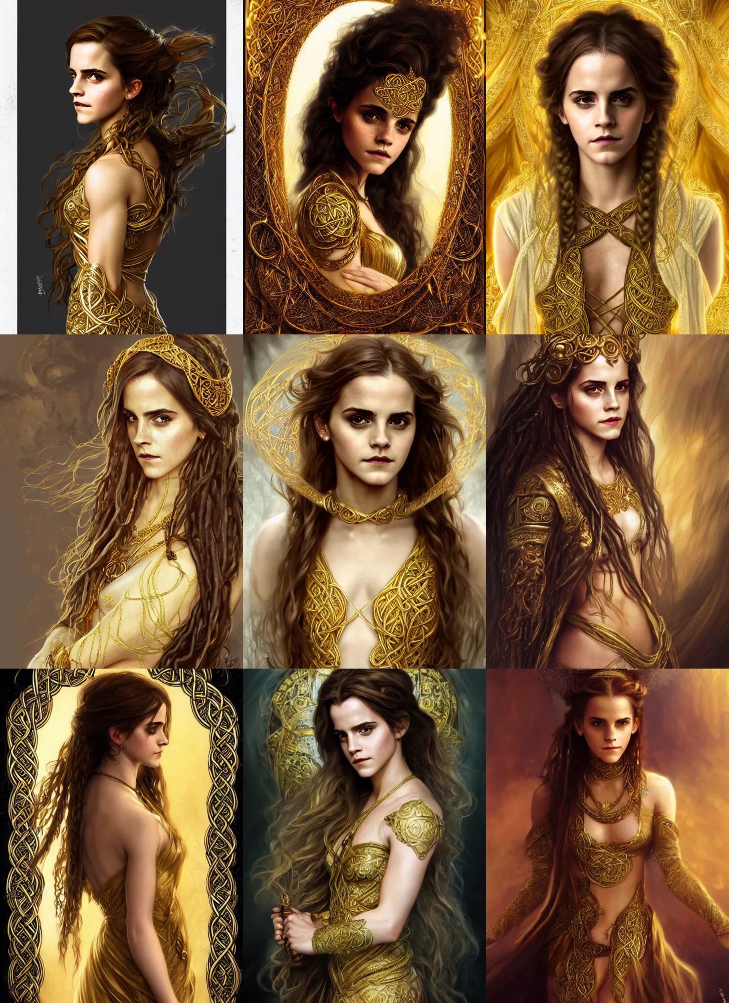 Prompt: emma watson as celtic druidess, long dreadlocks, gold cloth, shiny background, intricate, elegant, highly detailed, digital painting, artstation, concept art, smooth, sharp focus, illustration, artgerm, mucha, bouguereau