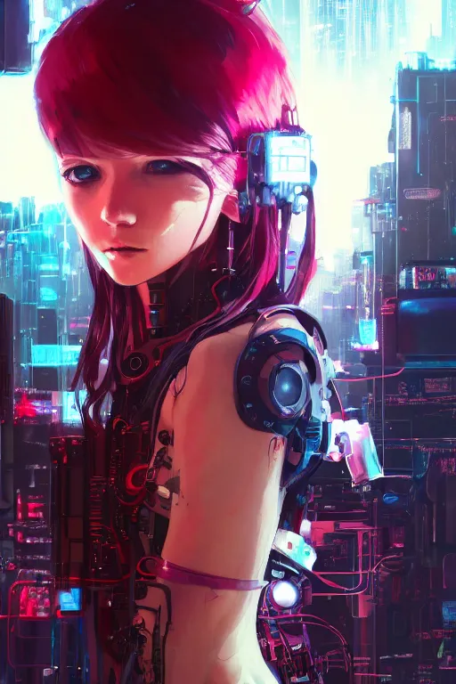 Lexica - Digital cyberpunk anime character concept art, gorgeous anime girl  symmetrical face, small female android cyborg - angel, glowing red left e