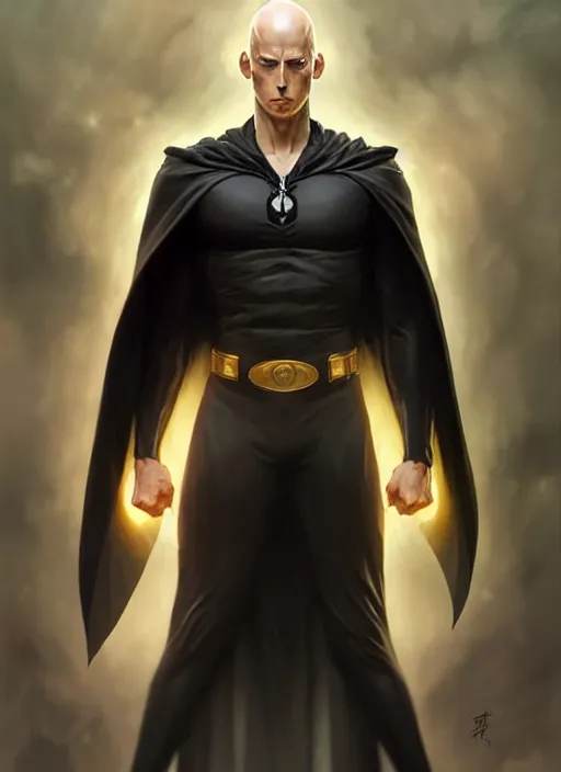 Image similar to ultra realistic illustration, handsome saitama. black cape, intricate, elegant, highly detailed, digital painting, artstation, concept art, smooth, sharp focus, illustration, art by artgerm and greg rutkowski and alphonse mucha and wlop