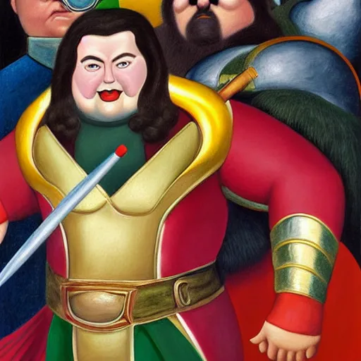 Prompt: Fernando Botero painting of MCU's Loki with his mighty staff, high definition art, extremely detailed
