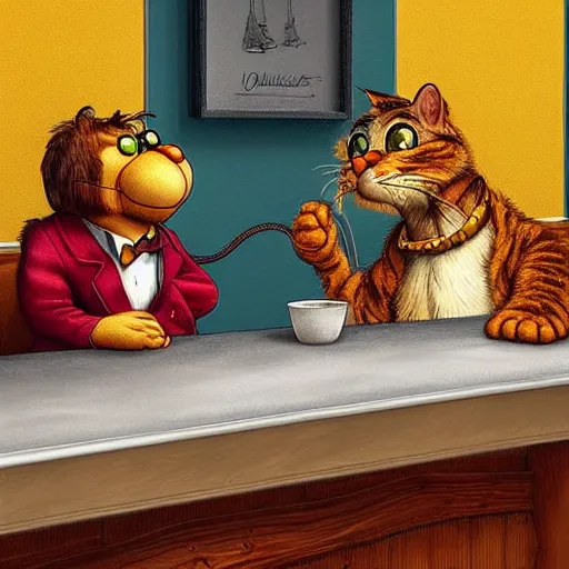 Image similar to “Garfield and Elvis sitting at the bar, realistic, hiperrealist, photorealist, intricate, sharp focus, cinematic lights, Artstation HQ, Deviantart trending, 4K UHD, masterpiece”