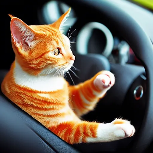 Image similar to an orange tabby cat driving a car, his paws are on the steering wheel