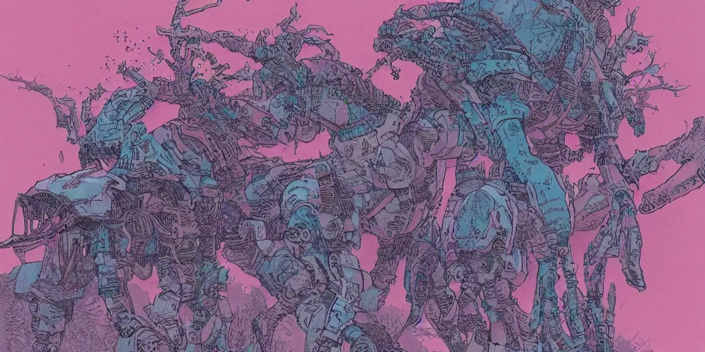 Prompt: a close - up grainy risograph, pastel colors painting of a scene from the horizon zero dawn, machine monsters by moebius and kim jung gi