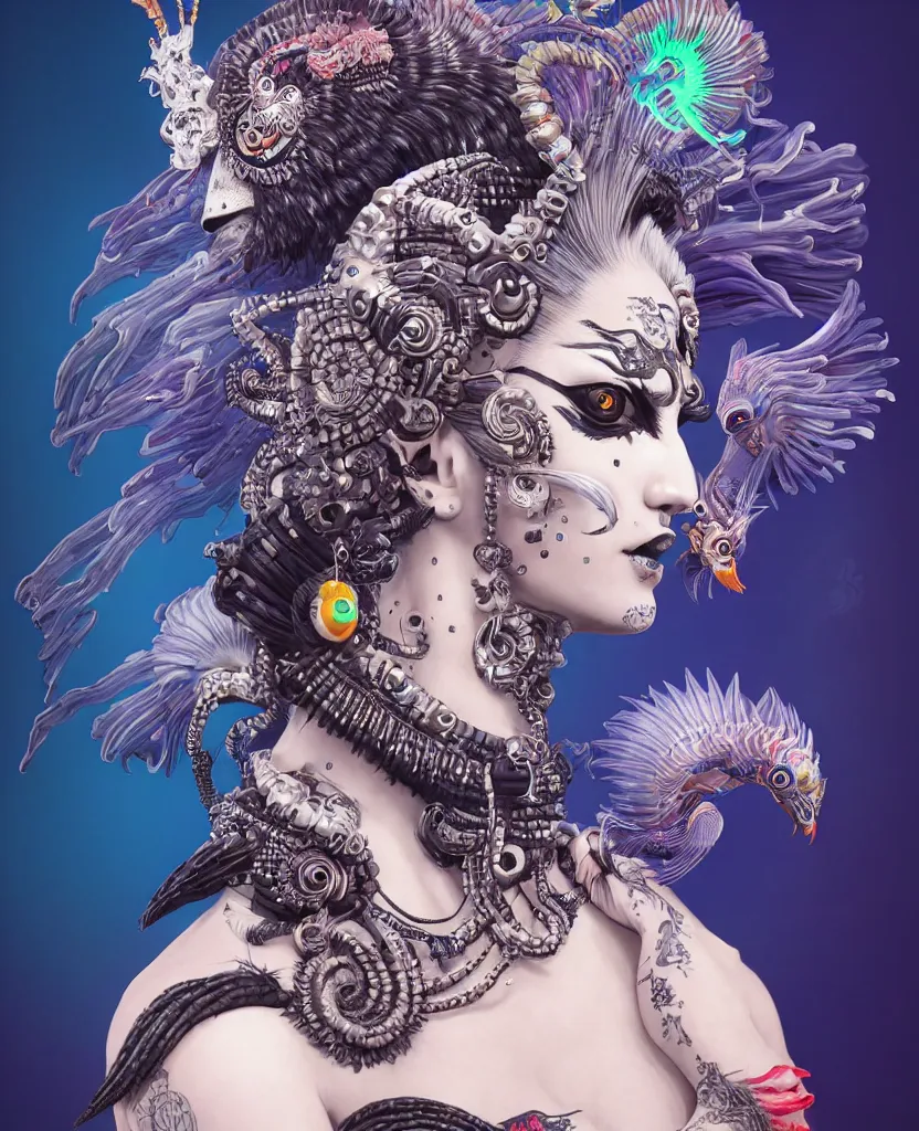 Image similar to 3 d goddess close - up profile portrait punk with mohawk with ram skull. beautiful intricately detailed japanese crow kitsune mask and clasical japanese kimono. betta fish, jellyfish phoenix, bio luminescent, plasma, ice, water, wind, creature, artwork by tooth wu and wlop and beeple and greg rutkowski