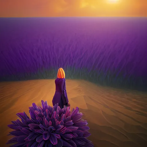 Image similar to portrait, giant purple dahlia flower head, woman between dunes, surreal photography, sunrise, blue sky, dramatic light, impressionist painting, digital painting, artstation, simon stalenhag