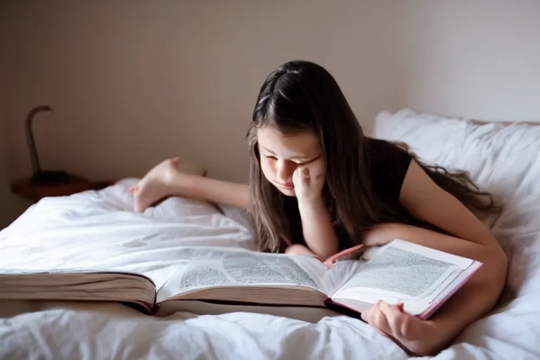 Image similar to a girl reading a book on her bedroom