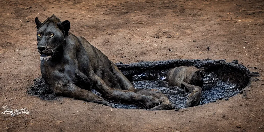 Prompt: a black lioness made of ferrofluid bathing inside the tar pit full of tar, covered with tar. dslr, photography, realism, animal photography, color, savanna, award winning wildlife photography