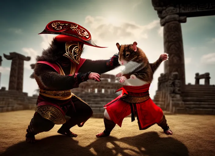 Image similar to hamster dressed as shao khan fights a cat dressed as kung lao in mortal kombat on the background of an ancient temple. fantasy magic style. highly detailed 8 k. intricate. lifelike. soft light. sony a 7 r iv 5 5 mm. cinematic post - processing