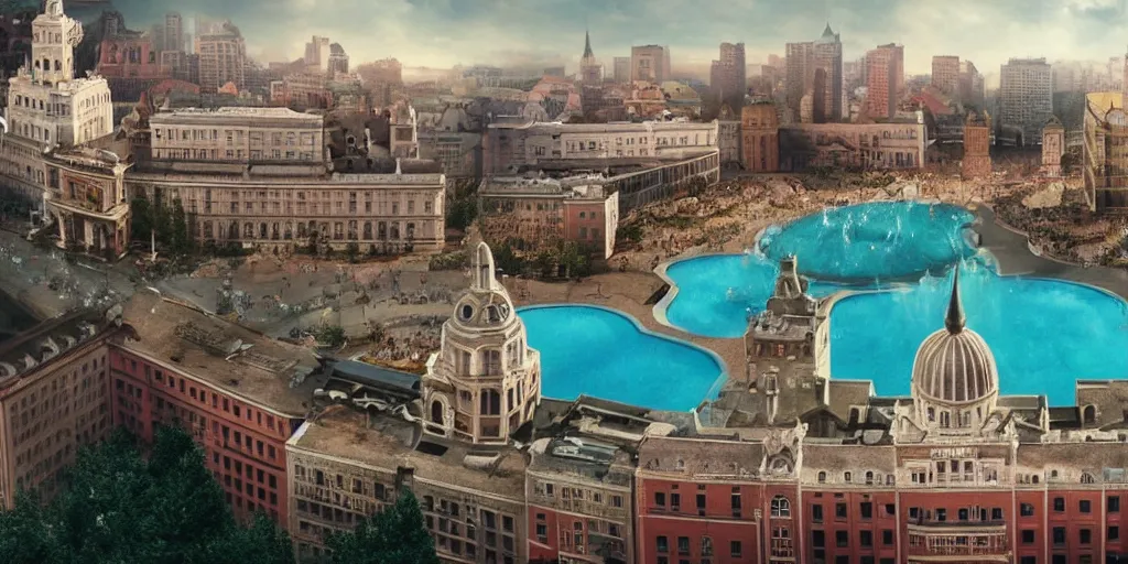 Prompt: a very high resolution image from a new movie, upside - down building and fountain, beautiful scenery, photorealistic, photography, directed by wes anderson