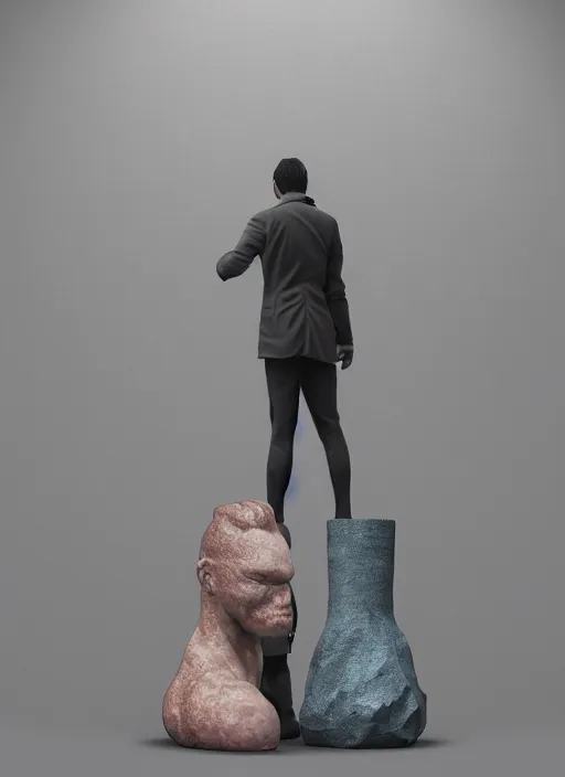 Image similar to a sculpture of a man standing next to a tall vase, a raytraced image by Hikari Shimoda, polycount, video art, vray tracing, ray tracing, rendered in unreal engine