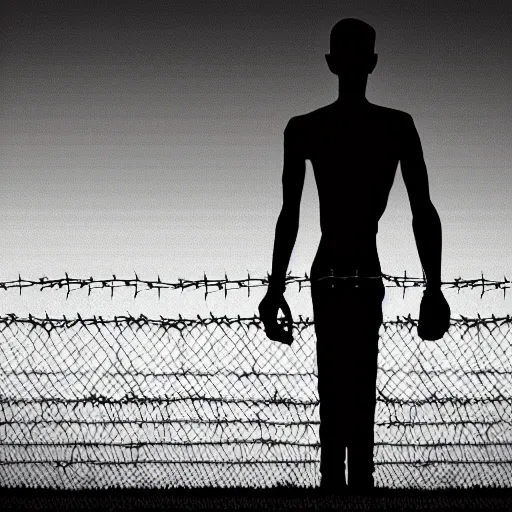 Prompt: scared man standing in front of a fence with barbed wire, by jeffrey smith, tim biskup, behance contest winner, wallpaper, digital illustration