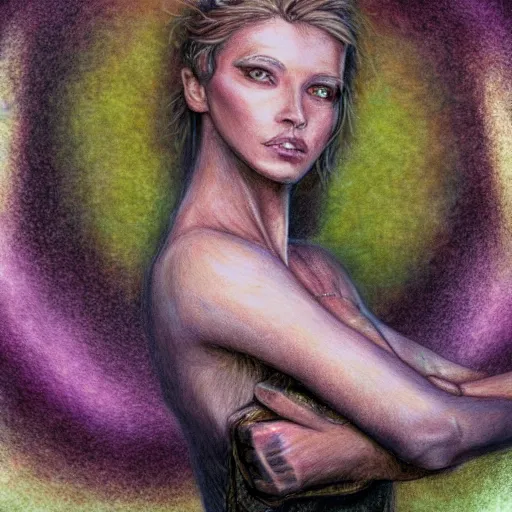 Image similar to detailed realistic fantasy pastel and pencil illustration of a beautiful woman with glowing eyes, stands in center with open arms.