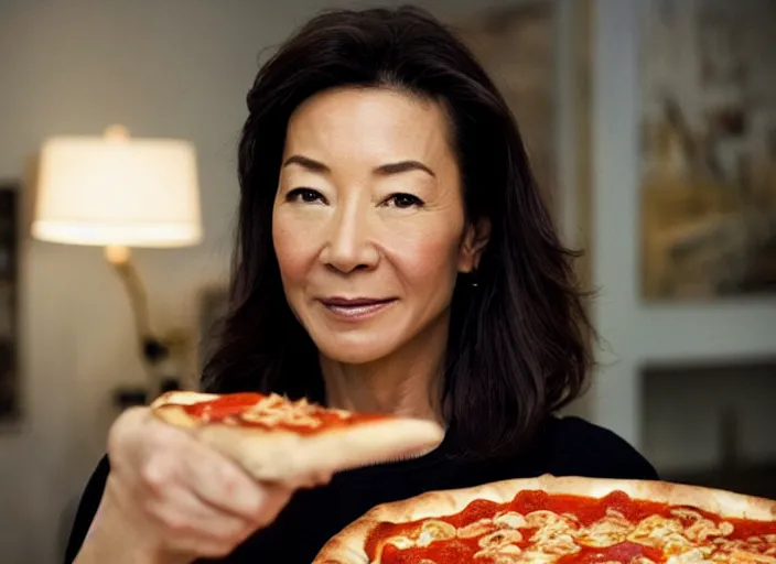 Prompt: a movie still of michelle yeoh pizza fingers from movie everything, everywhere, all at once