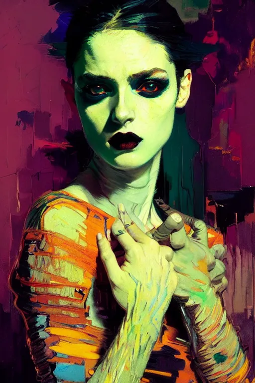 Image similar to portrait of a beautiful goth girl, complementary colors, beautiful face, rule of thirds, intricate outfit, spotlight, by greg rutkowski, by jeremy mann, by francoise nielly, by van gogh, digital painting