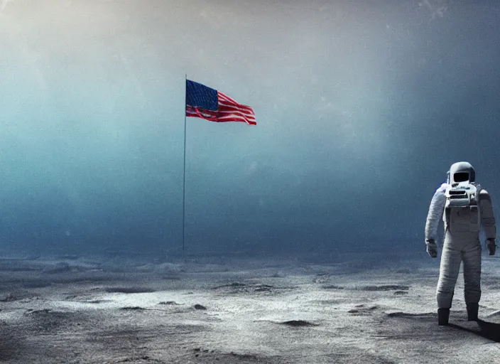 Image similar to astronaut holding a flag in an underwater desert. a submarine is visible in the distance. dark, concept art, cinematic, dramatic, atmospheric, 8 k, trending on artstation, blue, fish, low visibility, fog, ocean floor, christopher nolan, interstellar