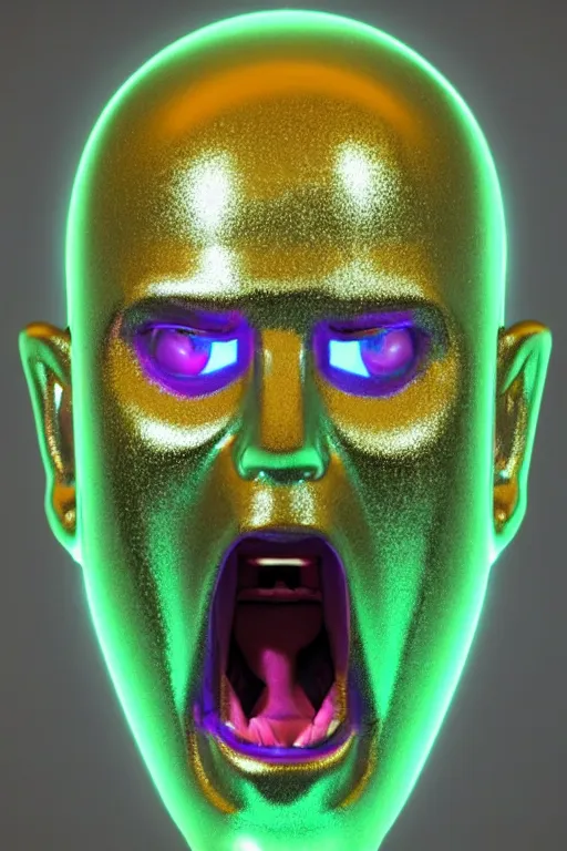 Image similar to 3d render of holographic angry human robotic screaming angry bust made of glossy iridescent, screaming, bust, surrealistic 3d illustration of a human non-binary, non binary model, 3d model human, cryengine, made of holographic texture, holographic material, holographic rainbow, concept of cyborg and artificial intelligence