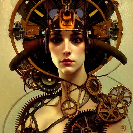 Image similar to close - up portrait of a beautiful female steampunk in the style of ex machina, karol bak, alphonse mucha, greg rutkowski,