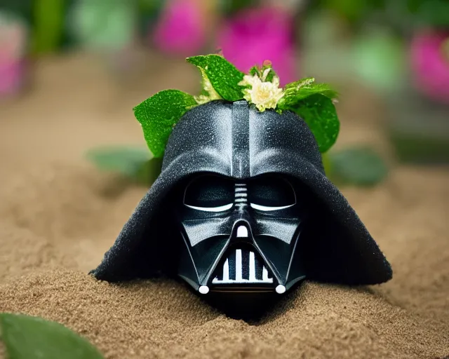 Image similar to 8 5 mm photography of darth vader in an avocado costume near a garden with sand with dof and bokeh and flowers