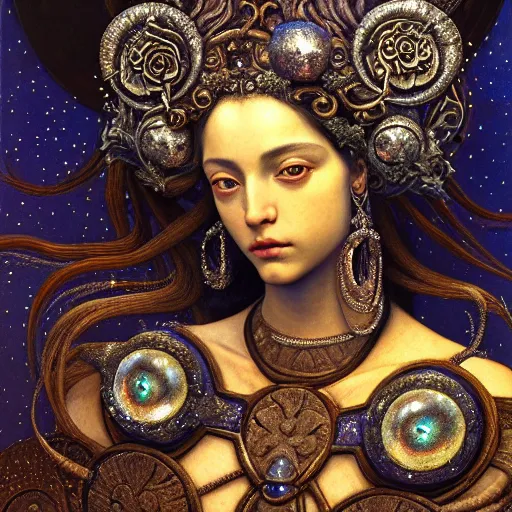 Image similar to baroque closeup renaissance portrait of a beautiful moon goddess with stars in her hair, reflective detailed textures, glittering silver ornaments, dark fantasy science fiction painting by diego rivera and jean delville and ruan jia and nicholas roerich and annie swynnerton, dramatic lighting, gleaming silver and rich colors, floral tattoos, artstation, octane render