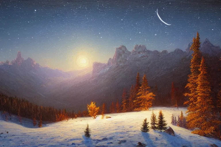 Prompt: mountains, trees, beautiful nature, winter, night, stars, very detailed, focused, cinematic lighting, oil painting, colorful, canvas, artstation, Sydney Mortimer Laurence, Albert Bierstadt