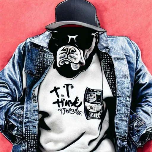 Image similar to a hyperrealistic portrait of an english bulldog as a gangster wearing hip hop clothes, streetwear, divorced