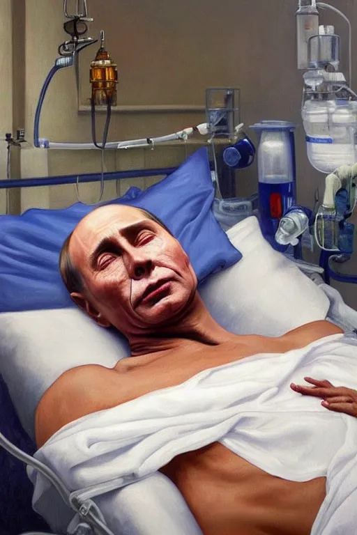 Image similar to a super very hyperrealistic oil painting of ill Vladimir Putin as a patient wearing an oxygen mask on a death bed inhaling from Copium tank that stand near his bed, visible face, fantasy, intricate, elegant, highly detailed, digital painting, artstation, concept art, smooth, sharp focus, illustration and alphonse mucha