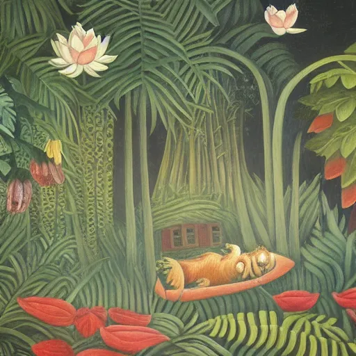 Prompt: fresco in naive art style by henri rousseau with dragon and lotuses, dark faded colors, highly detailed, unreal engine, photorealism