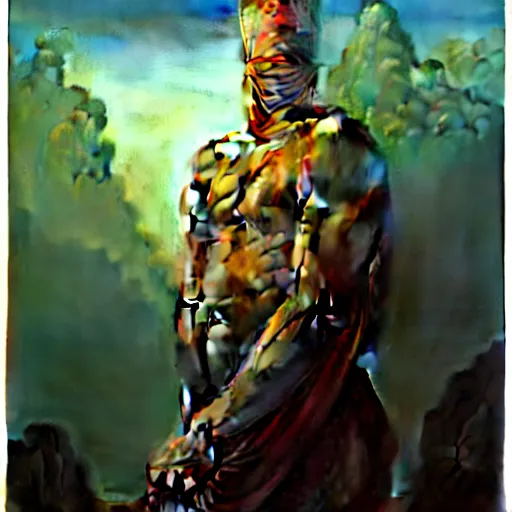 Prompt: cinematic portrait of a faceless god, only head and chest, intricate, desaturated, Tim Hildebrandt, Wayne Barlowe, Bruce Pennington, donato giancola, larry elmore, maxfield parrish, Moebius, Thomas Ehretsmann, oil on canvas, gouache painting, masterpiece, trending on artstation, cinematic composition, dramatic pose, volumetric lighting, sharp, details, hyper-detailed, HD, 4K, 8K