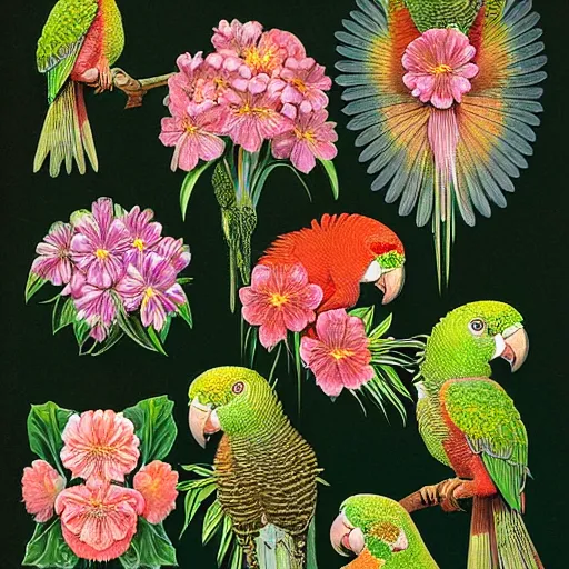 Prompt: beautiful elegant ernst haeckel!!!! illustration of many greek cheek conures!!!!!! and flowers, ( greek cheek conure ) ( green cheeked parakeet ) ( pyrrhura molinae )