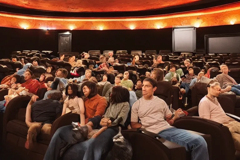 Prompt: full view of a movie theater full of cats sitting watching a movie