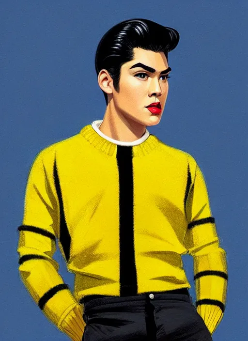 Image similar to portrait of young reggie mantle, mean smirk, egotistical, slicked back hair, striped yellow and black sweater, 1 9 5 0 s, intricate, elegant, glowing lights, highly detailed, digital painting, artstation, concept art, smooth, sharp focus, illustration, art by wlop, mars ravelo and greg rutkowski