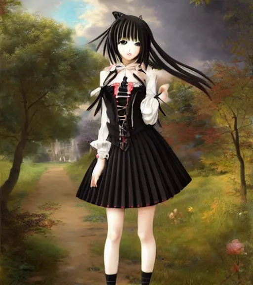 Prompt: beautiful anime girl in gothic dress misa amane, spring landscape, university uniform with decollete and bra, seifuku, pleated miniskirt, overknee socks, battle angel alita. by rembrandt 1 6 6 7, illustration, by konstantin razumov