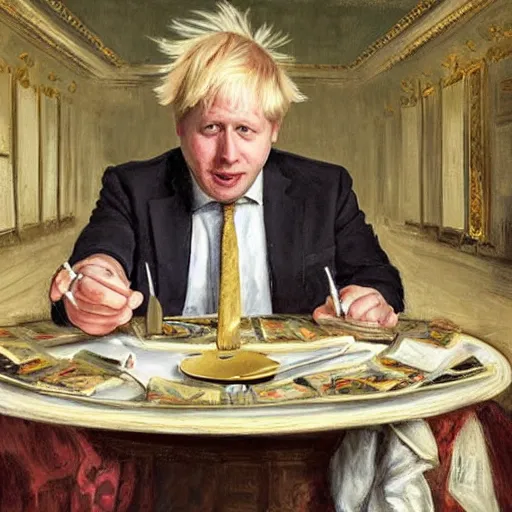 Image similar to painting of boris johnson eating a plate of money pound notes with a knife and fork, ornate feeling, chandelier, royal palace interior