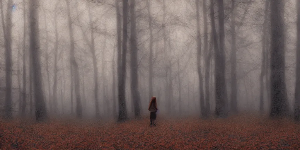 Prompt: a girl in an autumn forest, by Aron Wiesenfeld, wolf, cinematic, detailed illustration, nature, fog, dark colors, suspense, intricate, 8k