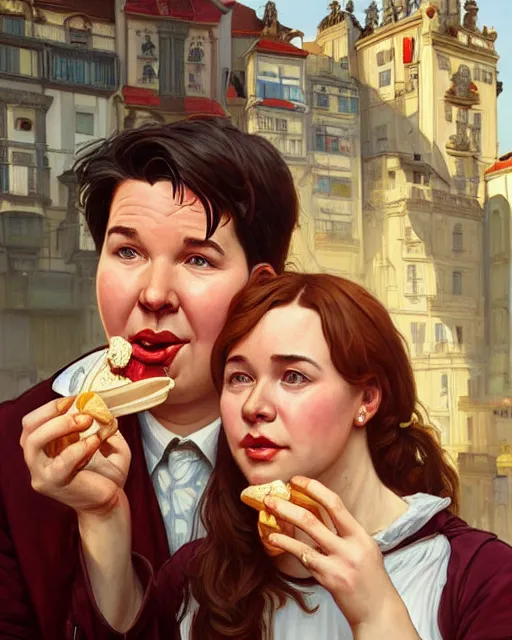 Prompt: Portrait of a  Anya Amasova and Michael mcintyre eating ice creams in Porto,real life skin, intricate, elegant, highly detailed, artstation, concept art, smooth, sharp focus, art by artgerm and greg rutkowski and alphonse mucha