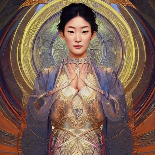 Image similar to jun ji hyun as symmetrical portrait of the goddess of the sky, d & d, fantasy, intricate, elegant, highly detailed, digital painting, artstation, smooth, sharp focus, illustration, art by artgerm and greg rutkowski and alphonse mucha, technomancer astronaut with an epic cosmic background