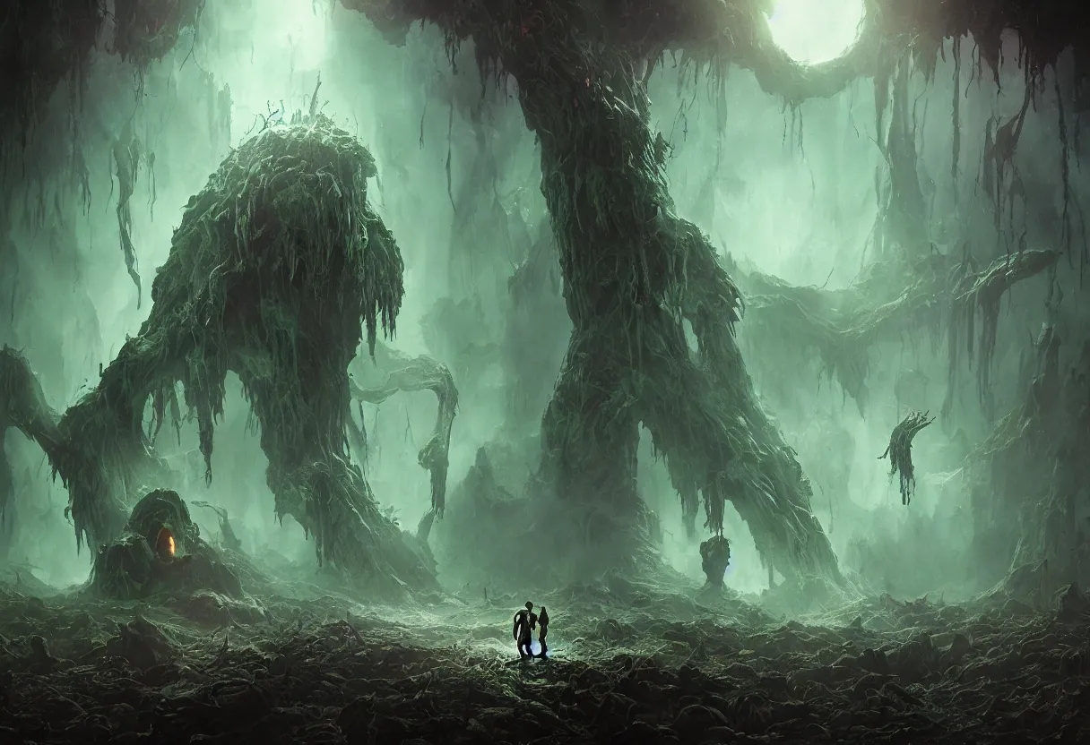 Prompt: demonic creature full of ooze and slime creeping in the dark alien forest, colorfully ominous galaxy in background, minimalism, hyper realism, matte painting, realistic, dramatic lighting, octane render, highly detailed, cinematic lighting, cinematic, volumetric, by rutkowsky and gerald brom and frazetta and rembrandt