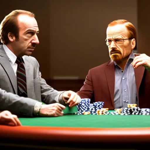 Prompt: saul goodman and walter white playing poker, ultra realistic, cinematic