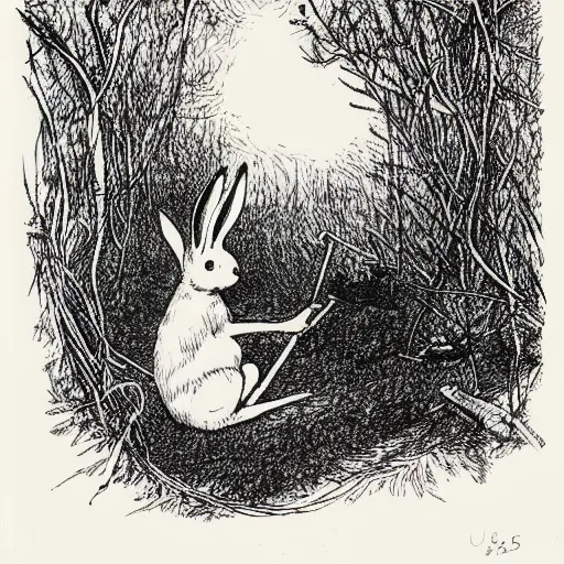 Image similar to a pen and ink drawing of a white rabbit smoking a smokey cigarette while reclining in a deep dark tangled forest, childrens book illustration, by edward gorey, by gustav dore