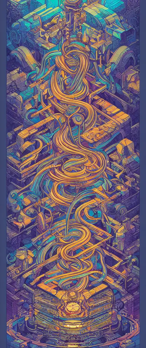 Prompt: archaic twisted turn of fate abstraction, centered award winning ink pen illustration, isometric abstract illustration by dan mumford, edited by craola, technical drawing by beeple and tooth wu, tiny details by artgerm and watercolor girl, symmetrically isometrically centered