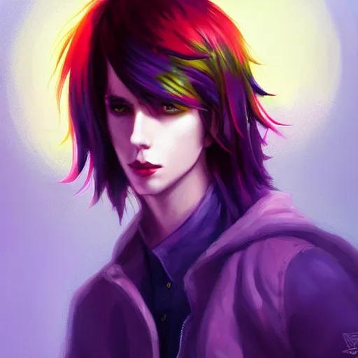 Image similar to colorful and festive captivating teenager boy with straight purple hair, purple eyes with red eye markers, slim body, wearing japanese combat clothes. rich vivid colors, ambient lighting, dynamic lighting, 4 k, atmospheric lighting, painted, intricate, highly detailed by charlie bowater