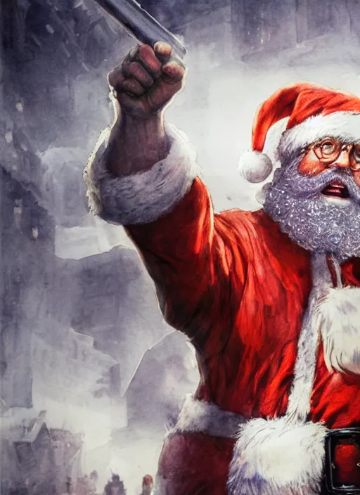 Image similar to portrait, Santa Clause fighting zombies, watercolor, dramatic lighting, cinematic, establishing shot, extremly high detail, foto realistic, cinematic lighting, pen and ink, intricate line drawings, by Yoshitaka Amano, Ruan Jia, Kentaro Miura, Artgerm, post processed, concept art, artstation, matte painting, style by eddie mendoza, raphael lacoste, alex ross