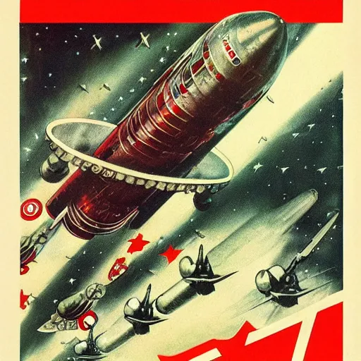 Image similar to soviet spaceship in the style of norman rockwell, world war 2, wwii, propaganda poster, sci - fi illustrations, highly detailed, award - winning, patriotic, soviet, ussr, dark, gritty, ink