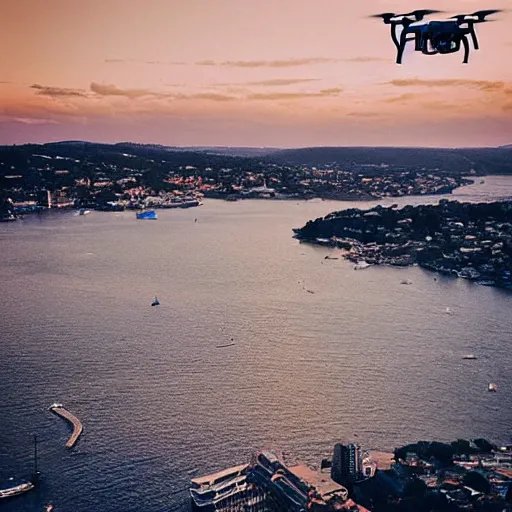 Image similar to “a drone shot of Sydney dappled in sunset. Duo tone orange and blue photography, 35mm”