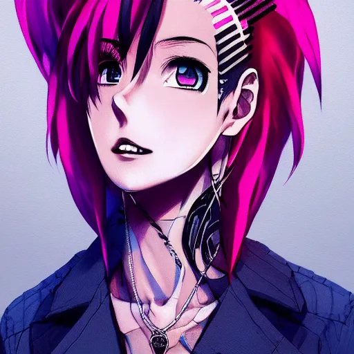 Image similar to full headshot portrait of anime woman with pink mohawk punk, digital art, drawn by WLOP, by Avetetsuya Studios, anime manga panel, trending on artstation, wearing a plaid shirt