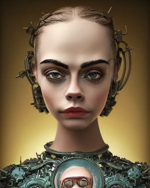 Image similar to closeup face profile portrait of cara delevingne as a tin toy flying saucer babe, bikini, depth of field, zeiss lens, detailed and intricate environment, fashion photoshoot by nicoletta ceccoli, mark ryden, lostfish, breathtaking, 8 k resolution, artistic, hyperrealistic, octane render
