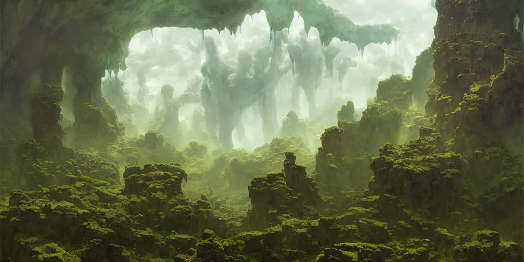 Image similar to bytopia planescape huge cave ceiling clouds made of green earth towns, villages castles, buildings inverted upsidedown mountain artstation surreal dreamlike inception illustration sharp focus sunlit vista painted by ruan jia raymond swanland lawrence alma tadema zdzislaw beksinski norman rockwell tom lovell alex malveda greg staples
