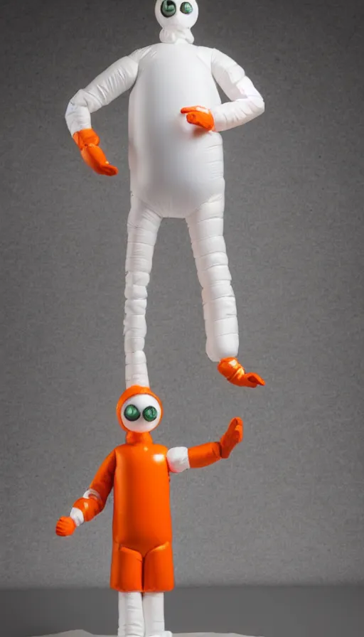 Prompt: a single striding slender figurine of a tall giant inflated hazmat suit wearing man, long bendy arms and legs, googly eyes, tareme eyes, small head, personification, dynamic pose, detailed product photo, tone mapped, beautiful composition, orange mist swirling at feet, 8 5 mm, f 5. 8